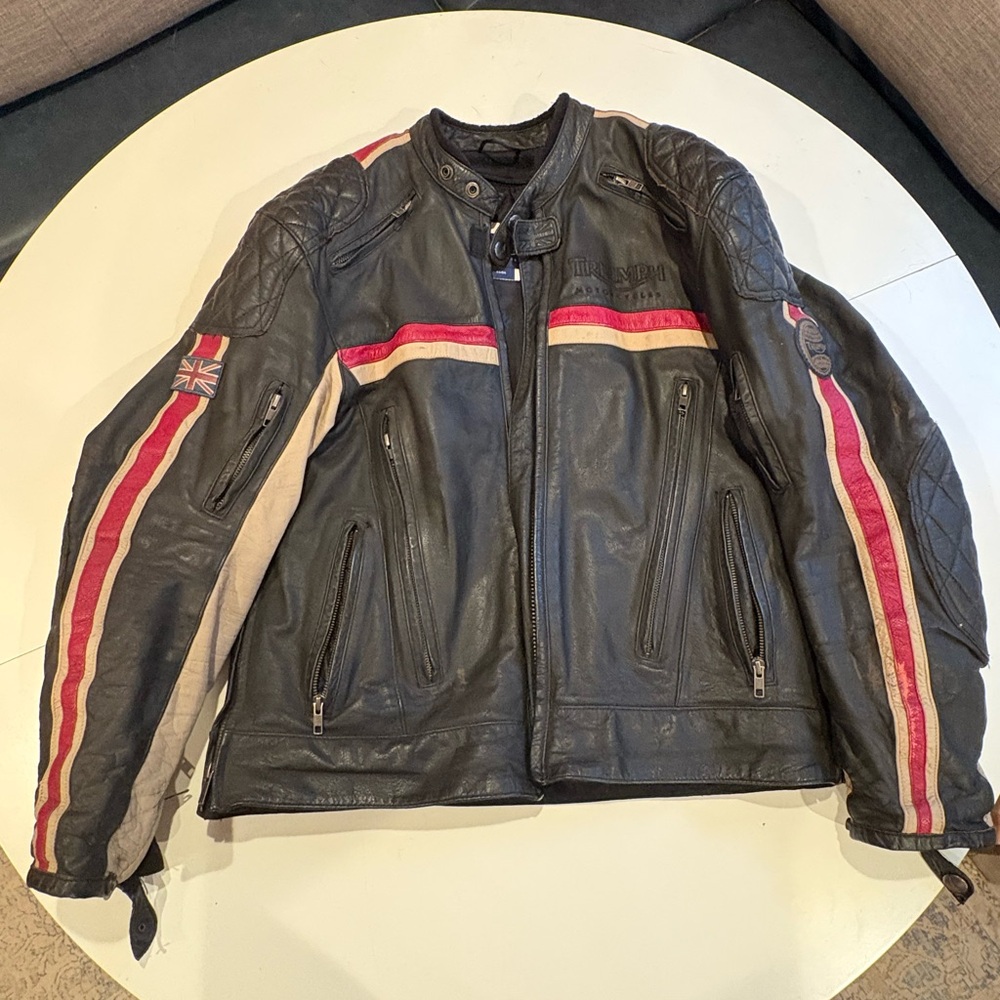 Triumph Black Leather Jacket with Red and White Accents